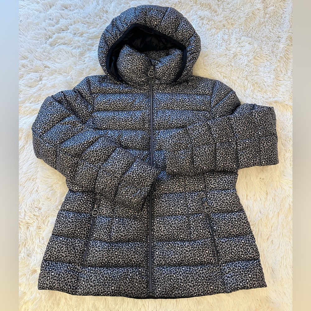 Michael Kors Gray Black Leopard Print Packable Down Puffer Hooded Jacket Medium